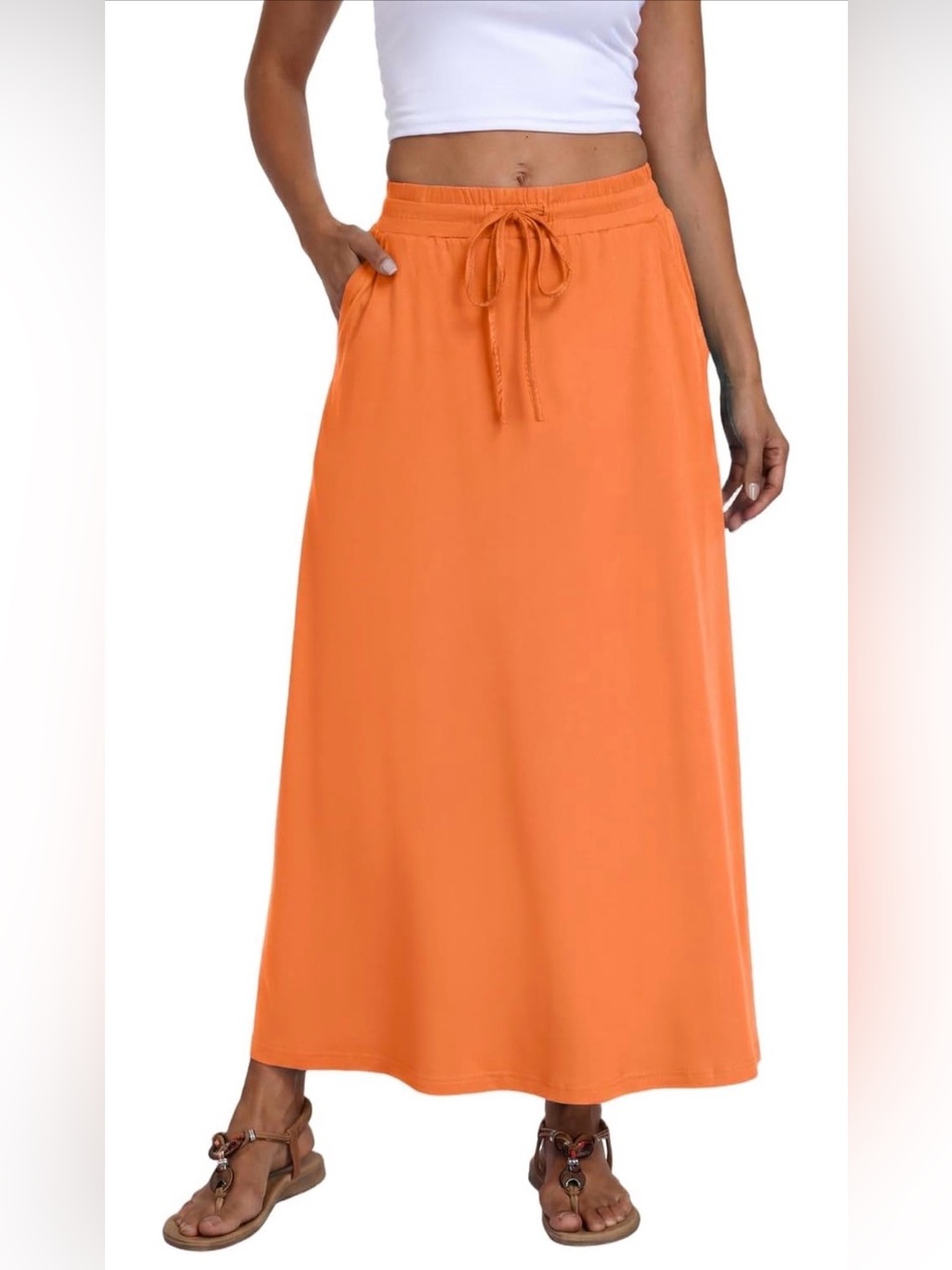 Stretchy Drawstring High Waist Maxi Skirt with Pockets